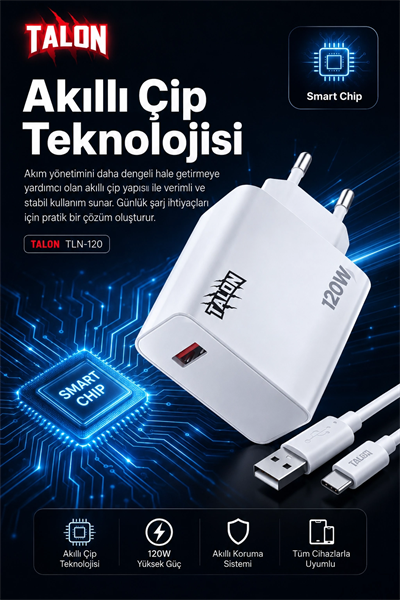120W Hızlı Şarj Adaptörü Ve Kablo Seti Akıllı Çipli Güvenli Şarj Özellikli