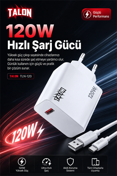 120W Hızlı Şarj Adaptörü Ve Kablo Seti Akıllı Çipli Güvenli Şarj Özellikli