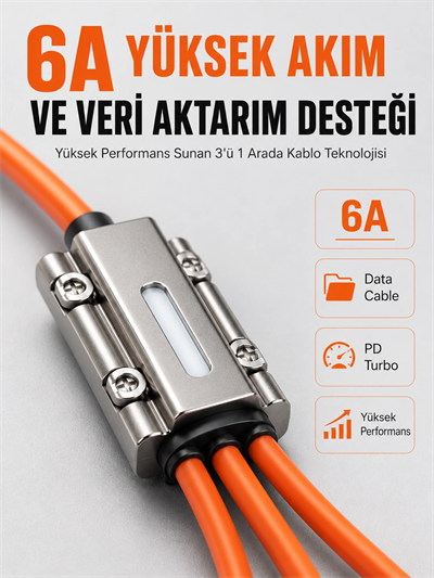 120W Hızlı Şarj Destekli 3ü 1 Arada Çok Amaçlı Şarj ve Veri Aktarım Kablosu