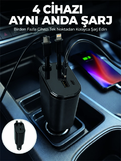 120W Hızlı Şarj Destekli 4ü 1 Arada Araç Şarj Cihazı Type-C, Lightning, USB ve USB-C Çıkışlı