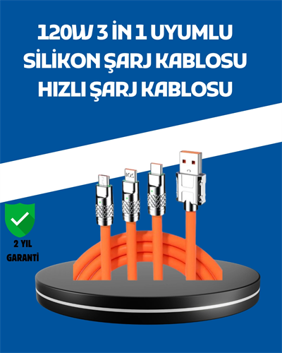 120W Şarj Destekli 3’ü 1 Arada Çoklu Şarj Kablosu – 1.2 Metre
