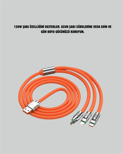120 W Şarj ve Veri Aktarımı Kablo– 3 Başlıklı Çok Amaçlı Kablo Yüksek Hızlı
