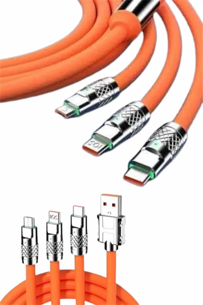 120W Silikon Metal Uçlu LED Işıklı 3 In1 Şarj Kablosu 1.2m
