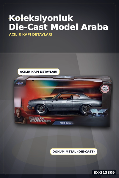 1:24 Metal Die-Cast 1970 Chevelle SS Araba - Açılır Kapı Kaput Bagaj, Lisanslı 19 cm BX-313809