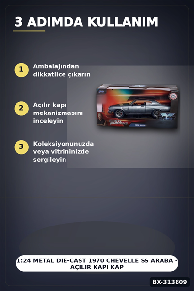 1:24 Metal Die-Cast 1970 Chevelle SS Araba - Açılır Kapı Kaput Bagaj, Lisanslı 19 cm BX-313809