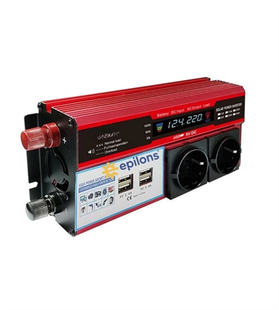12V 2000W Modifiye Sinus İnverter Araç ve Güneş Enerjisi Uyumlu, Çift USB, Çift Priz ve Çakmaklık