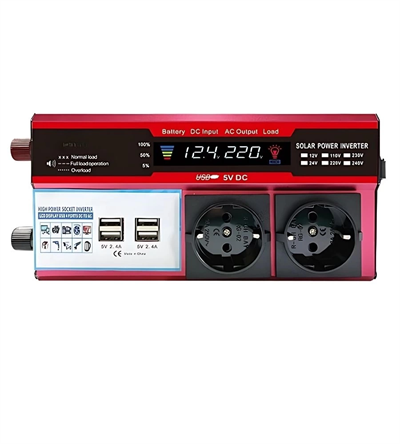 12V 2000W Modifiye Sinus İnverter Araç ve Güneş Enerjisi Uyumlu, Çift USB, Çift Priz ve Çakmaklık