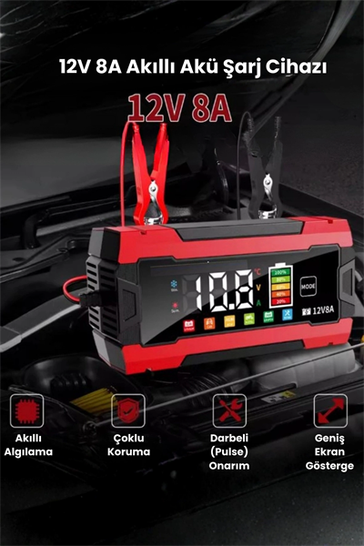 12V 8A Akıllı Akü Şarj Cihazı 12V 8A LCD Ekranlı Pulse Repair Otomatik Akü Şarj & Desülfatör