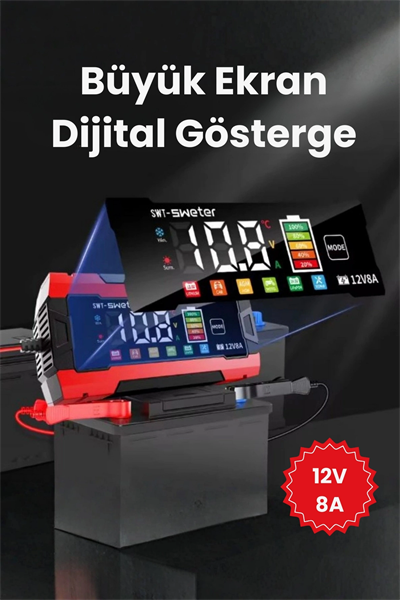 12V 8A Akıllı Akü Şarj Cihazı 12V 8A LCD Ekranlı Pulse Repair Otomatik Akü Şarj & Desülfatör