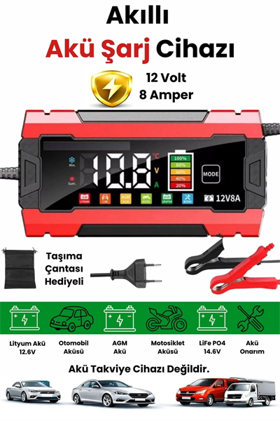 12V 8A Akıllı Akü Şarj Cihazı 12V 8A LCD Ekranlı Pulse Repair Otomatik Akü Şarj & Desülfatör