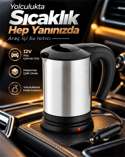 12V Araç Çakmak Girişli Paslanmaz Çelik Araç İçi Su Isıtıcı Seyahat Tipi Pratik Kettle