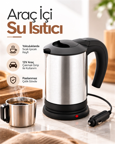 12V Araç Çakmak Girişli Paslanmaz Çelik Araç İçi Su Isıtıcı Seyahat Tipi Kettle