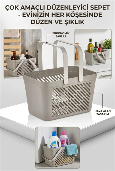 12li Gri Çok Amaçlı Kulplu Sepet Mutfak Banyo Organizer Ekonomik Set