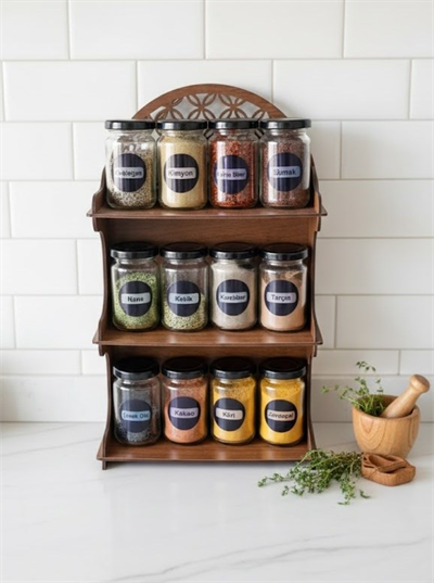 12li Meşe Rengi Mdf Standlı Dekoratif Baharatlık Seti - Baharatlık Takımı