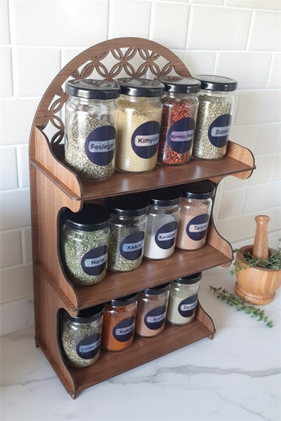 12li Meşe Rengi Mdf Standlı Dekoratif Baharatlık Seti - Baharatlık Takımı