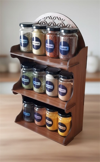 12li Meşe Rengi Mdf Standlı Dekoratif Baharatlık Seti - Baharatlık Takımı