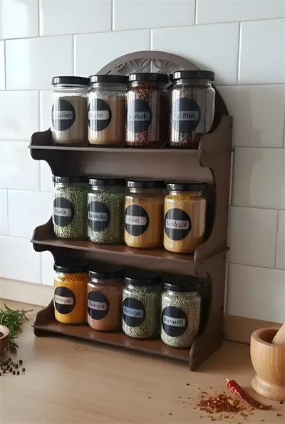 12li Meşe Rengi Mdf Standlı Dekoratif Baharatlık Seti - Baharatlık Takımı