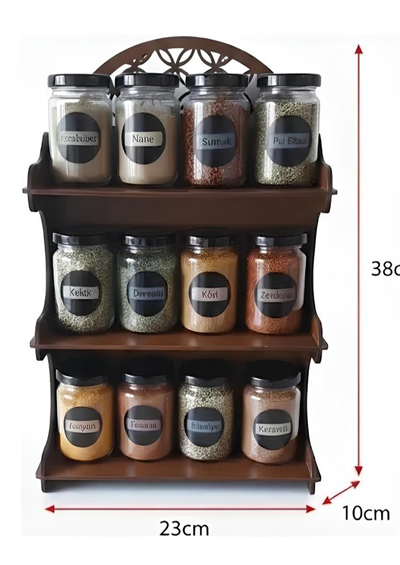 12li Meşe Rengi Mdf Standlı Dekoratif Baharatlık Seti - Baharatlık Takımı