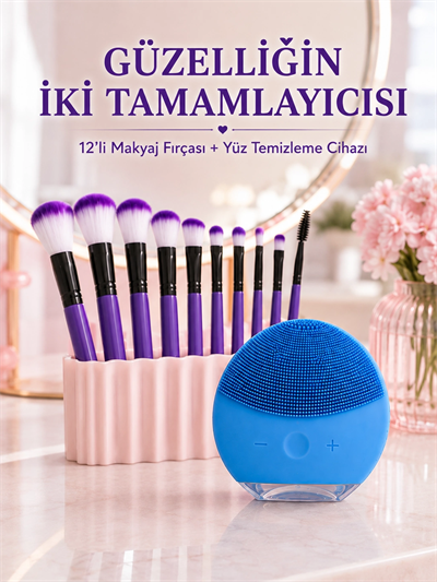 12’li Mor Makyaj Fırça Seti ve Silikon Yüz Temizleme Cihazı İkili Makyaj ve Cilt Bakım Seti