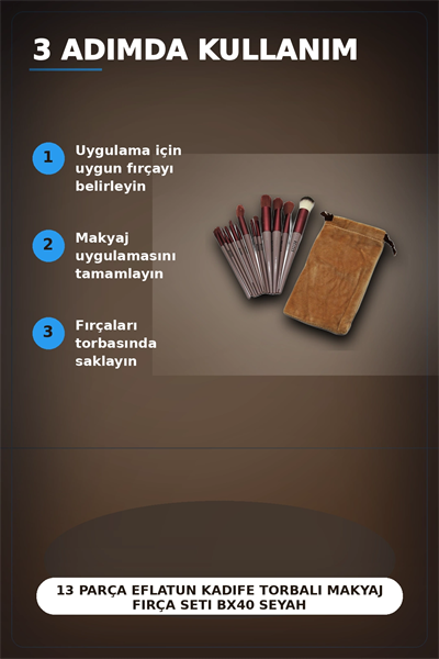 13 Parça Eflatun Kadife Torbalı Makyaj Fırça Seti Bx40 Seyahat Çantası Hediyelik BX-313446