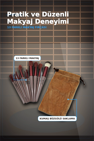 13 Parça Eflatun Kadife Torbalı Makyaj Fırça Seti Bx40 Seyahat Çantası Hediyelik BX-313446