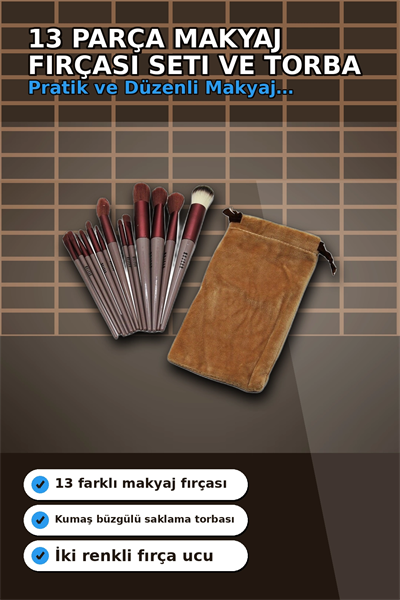 13 Parça Eflatun Kadife Torbalı Makyaj Fırça Seti Bx40 Seyahat Çantası Hediyelik BX-313446