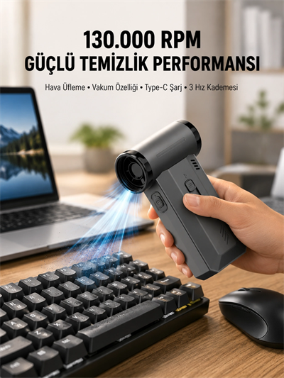 130000 RPM Çok Fonksiyonlu Şarjlı Hava Üfleme ve Vakum Temizlik Cihazı