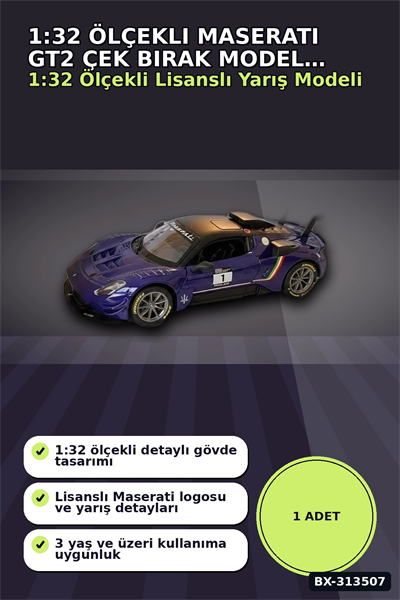 1:32 Ölçekli Maserati GT2 Çek Bırak Araba - Lisanslı Model, 1 Adet Oyuncak Araba BX-313507