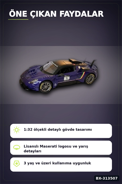 1:32 Ölçekli Maserati GT2 Çek Bırak Araba - Lisanslı Model, 1 Adet Oyuncak Araba BX-313507