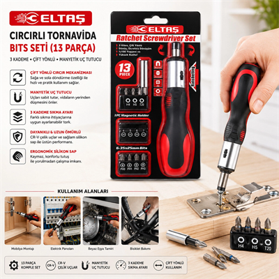 13pcs Silikon Sap - Cr-v Cırcırlı Tornavida Bits Seti 3 Kademe - Çift Yönlü - Manyetik Uç Tutucu Bx40