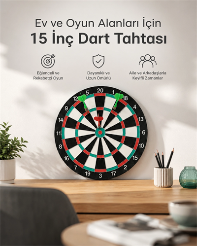 15 İnç Büyük Boy Dart Tahtası Ev Oyun Seti 4 Adet Metal Uç Oklu