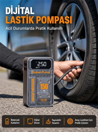 150 PSI Kablosuz Dijital Ekranlı Taşınabilir Araç Lastik Pompası