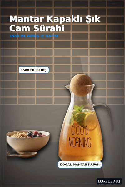 1500 Ml Yuvarlak Mantar Kapaklı Cam Sürahi - Good Morning Yazılı - Bulaşık Makinesi Uyumlu BX-313781