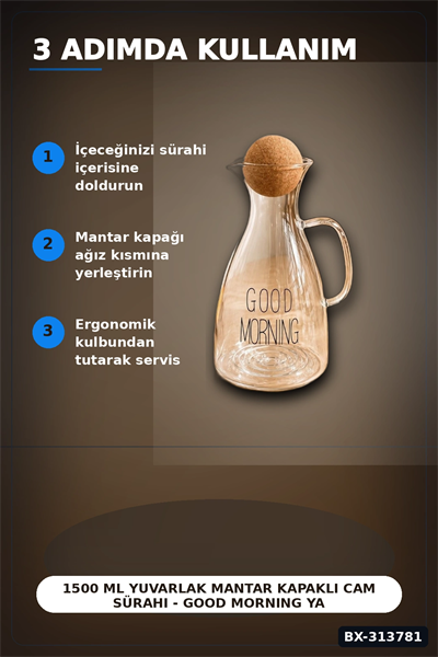 1500 Ml Yuvarlak Mantar Kapaklı Cam Sürahi - Good Morning Yazılı - Bulaşık Makinesi Uyumlu BX-313781