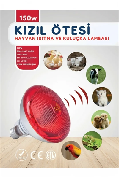 150W Kızılötesi (infrared) Isıtıcılı Hayvan Isıtma ve Kuluçka Lambası (Kırmızı Işık) E27 (Kalın Duy)