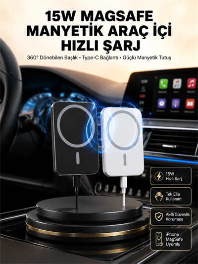 15W Kablosuz Şarj Destekli MagSafe Araç Tutucu Havalandırma Klipsli