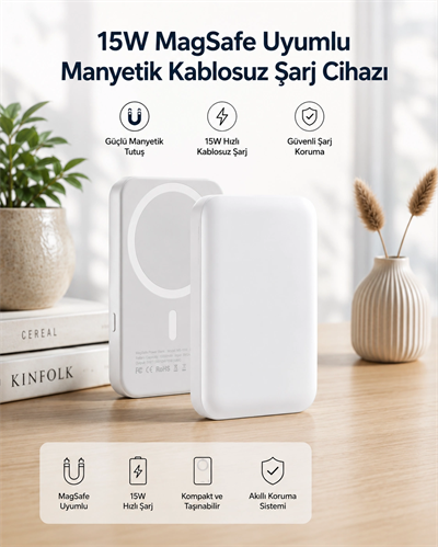 15W MagSafe Uyumlu Manyetik Kablosuz Powerbank 5000 mAh