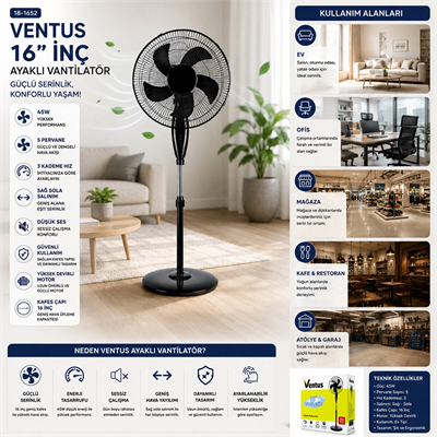 16 Inc İnç Ev Tipi Ayaklı Vantilatör 45w 5 Pls.pervane 3 Kademe Hız Fan Bx40