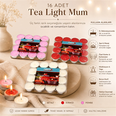 16 Parça  Kırmızı Tea Light Yuvarlak Mum Bx40