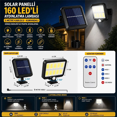 160 Led Solar Bahçe Aydınlatması, 6'lı Güneş Panelli Led Lamba, 5 Metre Kablolu Ve Kumandalı Bx40