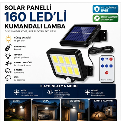 160 Led Solar Bahçe Aydınlatması, 6'lı Güneş Panelli Led Lamba, 5 Metre Kablolu Ve Kumandalı Bx40