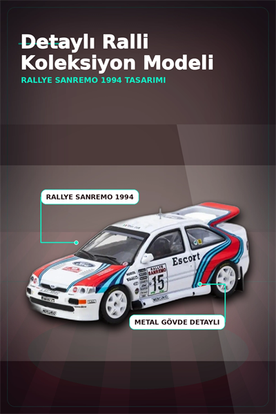 1/64 Metal Ford Escort RS Cosworth WRC 1994 Sanremo Maketi - Koleksiyonluk Model BX-313345