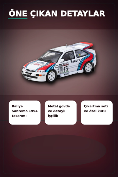 1/64 Metal Ford Escort RS Cosworth WRC 1994 Sanremo Maketi - Koleksiyonluk Model BX-313345