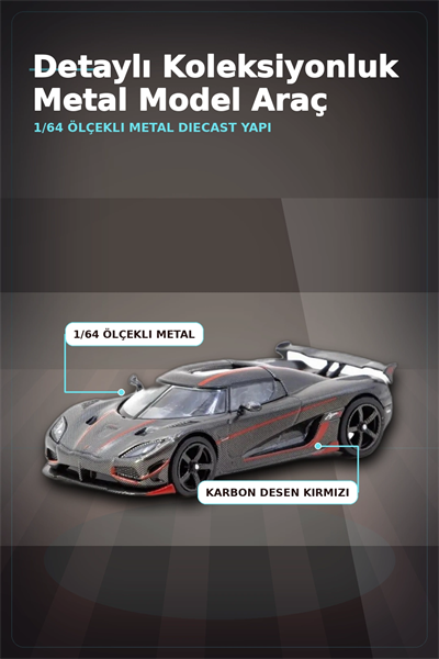 1/64 Siyah Karbon Fiber Kırmızı Detaylı Koenigsegg Agera RS Diecast Model Araba BX-313337