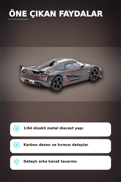 1/64 Siyah Karbon Fiber Kırmızı Detaylı Koenigsegg Agera RS Diecast Model Araba BX-313337