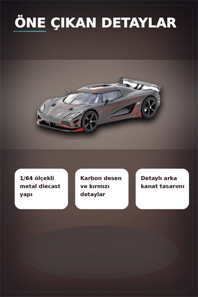 1/64 Siyah Karbon Fiber Kırmızı Detaylı Koenigsegg Agera RS Diecast Model Araba BX-313337