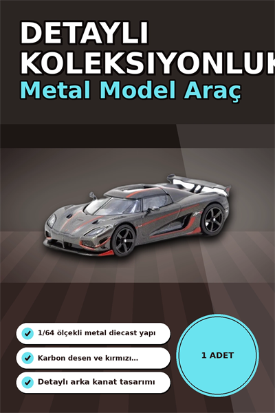 1/64 Siyah Karbon Fiber Kırmızı Detaylı Koenigsegg Agera RS Diecast Model Araba BX-313337