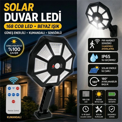 168b Solar Led Büyük Dış Mekân Lambası, Hareket Sensörlü, Kumandalı, 3 Modlu Ultra Parlak Cob Işık, Su Geçirmez Kablosuz Duvar Apliği Bx40