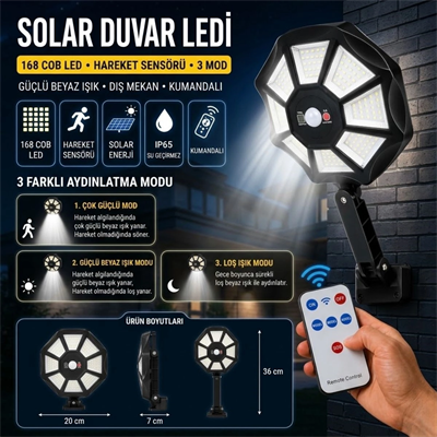 168b Solar Led Büyük Dış Mekân Lambası, Hareket Sensörlü, Kumandalı, 3 Modlu Ultra Parlak Cob Işık, Su Geçirmez Kablosuz Duvar Apliği Bx40