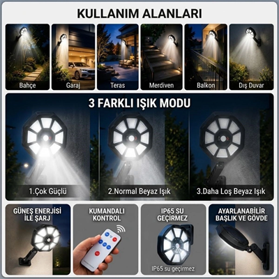168b Solar Led Büyük Dış Mekân Lambası, Hareket Sensörlü, Kumandalı, 3 Modlu Ultra Parlak Cob Işık, Su Geçirmez Kablosuz Duvar Apliği Bx40